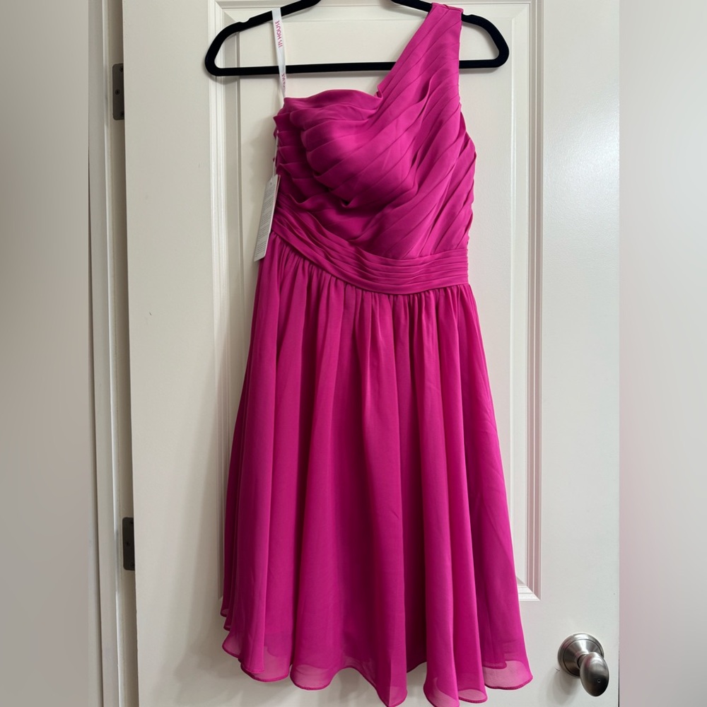 JJ’s House A Line One Shoulder Fushia Chiffon Knee Length Dress
